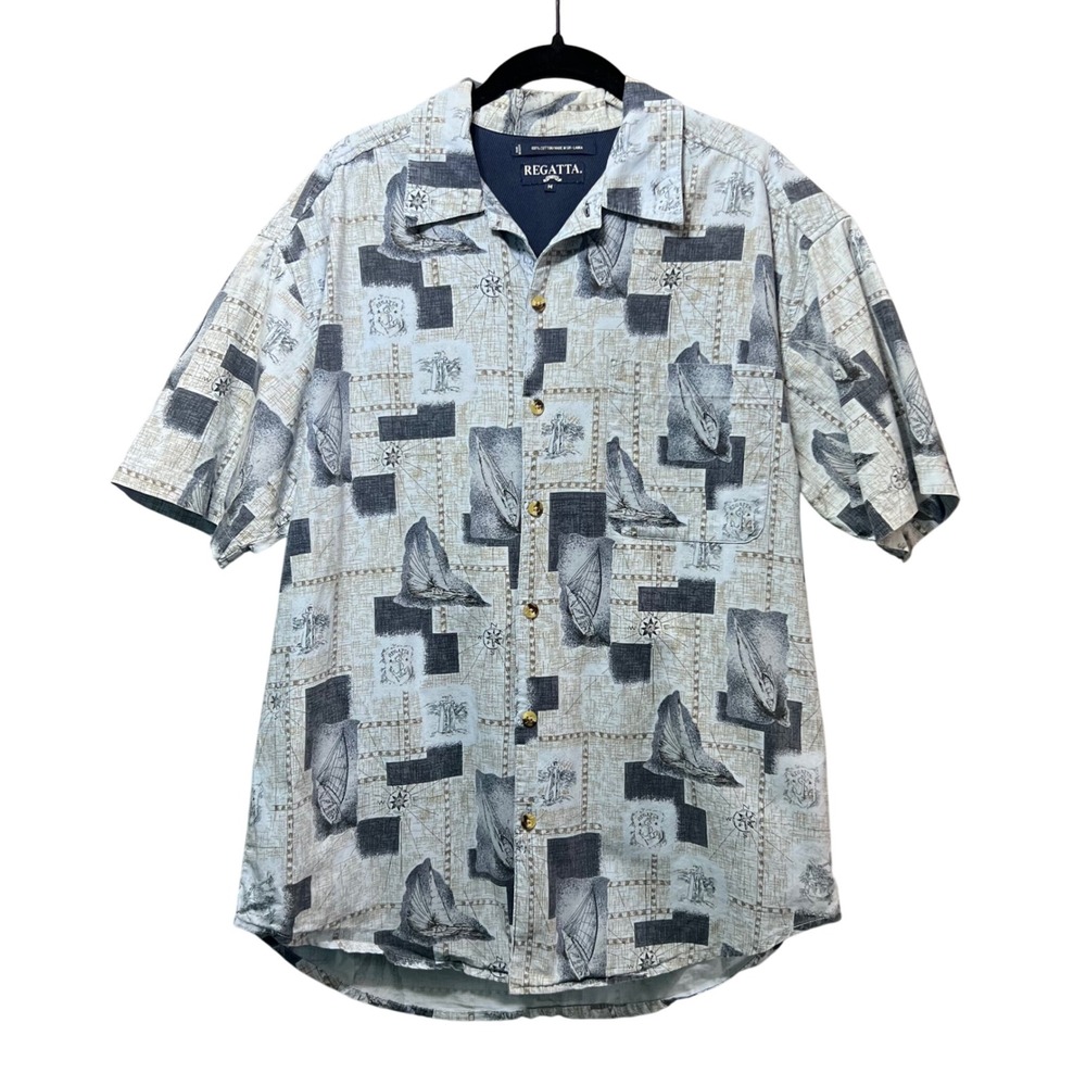REGATTA Mens Size M Short Sleeve Button Up Shirt‎ Nautical Sailboat Print Blue